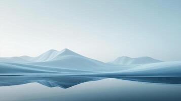 Serene landscape with pastel hills reflecting in calm waters, creating a soothing visual experience, dreamy and calm scene with gentle pastel colors. photo