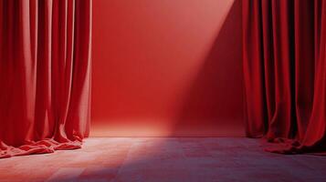 An elegant crimson backdrop with textured curtains and a soft, diffused spotlight enhancing its rich, luxurious color palette. photo