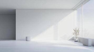 Minimalist white room interior featuring a window, plant, stool and radiant light. The clean aesthetic creates a serene and modern space. photo
