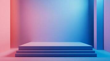 Minimalist product showcase platform featuring a three-step pedestal bathed in vibrant blue and pink hues, offering a visually striking display. photo