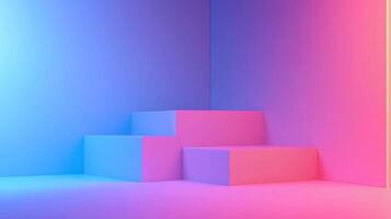 Geometric abstract scene in vibrant pink and blue with a three-step platform, perfect for display or presentation. Sleek and modern design. photo