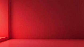 A vibrant, saturated red room corner featuring smooth, seamless walls and floor. Emphasizing simplicity, color saturation, and clean lines. photo