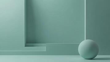 Minimalist display with a sphere and geometric elements on a muted teal backdrop, evoking serenity and sophistication. Ideal for showcasing products. photo