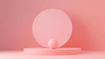 Monochromatic pink background with 3D round podium, sphere and circle shapes. Minimalist scene for product presentation or display. photo