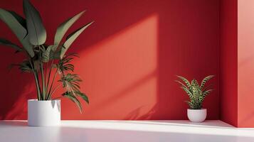 A vibrant red backdrop showcases two potted plants, creating a striking contrast in colors and textures within a sunlit space. photo