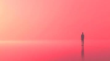 Figure in a pink expanse. A lone silhouette stands on a reflective surface under a dreamy, gradient-lit sky. Serene, minimalist, and ethereal. photo