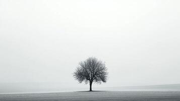 Monochrome landscape featuring a solitary tree on a misty field, conveying serenity and minimalist beauty with a grayscale palette. photo