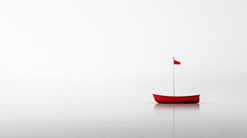 Minimalist red rowboat floats serenely on calm waters, a small red flag adds a touch of color against the stark white background. photo