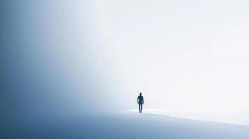 Solitary figure walking into light, symbolizing hope and guidance. Journey of self-discovery and personal growth on path. photo