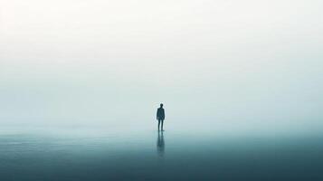 A lone figure stands amidst a foggy landscape, creating a serene and mysterious scene. The sky merges with ground, and the figure is isolated. photo