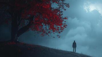 A lone figure stands beneath a vibrant tree, gazing at the misty horizon, shrouded in solitude and contemplation on the quiet hilltop. photo