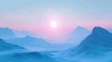 A serene mountain landscape bathed in the soft light of sunrise, creating a tranquil and ethereal scene with misty valleys and gentle hues. photo
