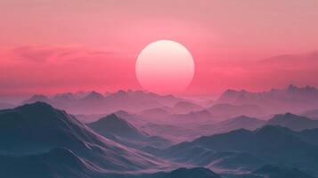 Serene mountain landscape bathed in the soft, rosy glow of a rising or setting sun, creating a tranquil and ethereal scene. photo
