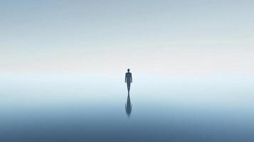 Solitary figure walking on water, creating a reflective, minimalist scene. A calming image of isolation, peace and a path to follow. photo