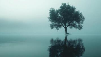 A solitary tree stands reflected in calm water under a misty sky, creating a tranquil and ethereal waterscape. Reflections mirror nature. photo