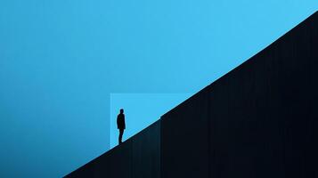Isolated figure silhouetted against a bright blue sky and dark architectural structure. A minimalist study of form and color contrasts. photo