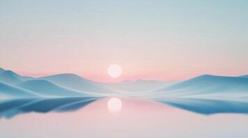 Serene landscape featuring pastel-colored hills, a reflective body of water, and a soft glowing sun in a minimalist style. photo
