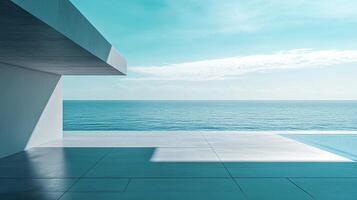 Minimalist architecture frames a tranquil ocean view, blending modern design with the serenity of the seascape under a clear sky. photo