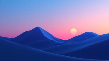 Abstract minimalist landscape of gently rolling blue dunes under a serene gradient sky with a soft pink sun setting on the horizon. photo