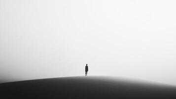 Solitary figure in a vast landscape evokes a sense of solitude and reflection in this black and white composition. The stark horizon. photo
