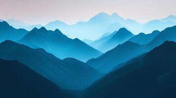 Layers of misty blue mountains create a serene landscape. Light filters through, emphasizing the depth and distance of the mountain range. photo
