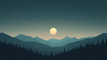 Minimalist mountain range landscape at night with visible stars. Full moon illuminating sky and a forest of trees in the foreground. photo