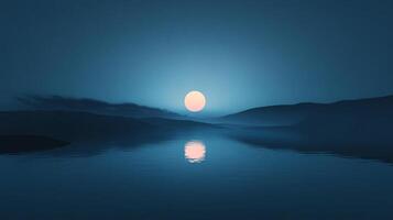 A serene, stylized vista, showcasing the moon's reflection over tranquil waters, shadowed by distant mountains, under a monochromatic sky. photo