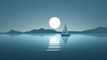 Minimalist scene featuring a sailboat against a serene ocean backdrop, lit by a soft, glowing sun or moon, creating a peaceful atmosphere. photo