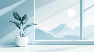 A serene space featuring a potted plant illuminated by natural light, with mountains visible through a nearby window, creating a calming effect. photo