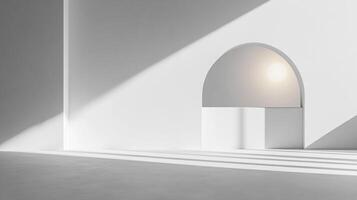 Abstract architecture featuring an arched opening with light, casting geometric shadows in a minimalist white room, creating an ethereal atmosphere. photo