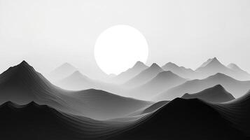 Monochromatic mountain range with a sun-like sphere rising behind peaks in the distance. Silhouettes create a sense of depth and mystery. photo