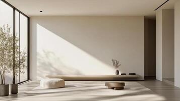 Minimalist interior with natural light, featuring plants, seating, and a serene ambiance. A study in simplicity and calming design. photo