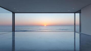 Ocean view from modern minimalistic room at sunset. Floor to ceiling glass windows framing the serene seascape, creating a tranquil ambiance. photo