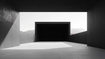 Architectural abstract composition of a brutalist structure, emphasizing lines, light and shadow in a minimalist, concrete environment. photo