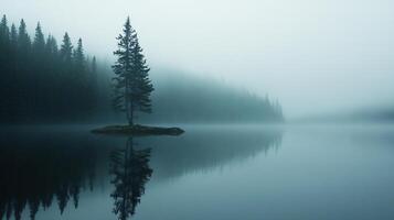 Lone tree on a small island, reflected in the calm, misty lake. Evergreen forest blurs into the fog on a serene morning. photo