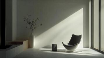 Serene interior with minimalist chair, sculptural vase, sunlight. Warm light and shadows. Calming neutral tones create a peaceful ambiance. photo