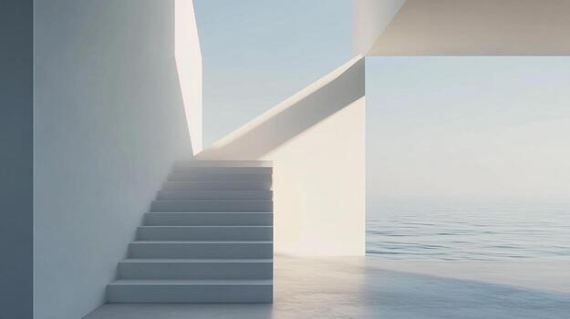Minimalist architecture meets ocean view, featuring white stairs leading to an open space with a tranquil ocean backdrop, bathed in soft light. photo