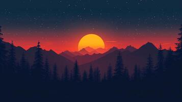 Serene sunset over a mountain range silhouette, where vibrant colors blend in the sky with a forest in foreground, creating peace. photo