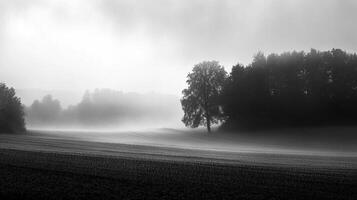 Monochrome landscape featuring a lone tree in a misty field, creating a serene and atmospheric scene with soft, diffused light. photo