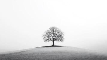 A stark, bare tree stands alone atop a frosted hill, its silhouette a striking contrast against the bright, hazy sky creating a sense of peace photo