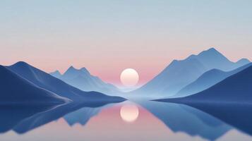 Serene mountain range reflected on a calm lake at sunrise. The water creates a mirror image of the soft, pastel sky. A peaceful landscape. photo