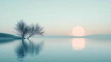 Serene landscape with sun rising over a still body of water, trees on shore creating tranquil reflections. Soft pastel colors dominate. photo