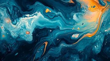Swirling paints create a dynamic abstract art piece. Rich blues and golds blend in a mesmerizing dance of color and texture. photo