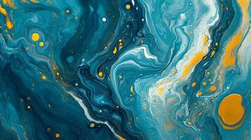 Swirling hues of blue and gold create a mesmerizing abstract, full of intricate patterns and textures. An organic, flowing composition. photo