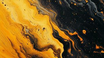 Abstract art featuring a dynamic swirl of golden yellow and dark hues, creating a sense of flow and modern texture. photo