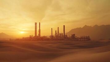 Industrial facility towers against a backdrop of a desert landscape and a hazy sunset, creating a stark contrast between nature and technology. photo