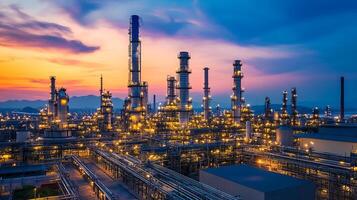 Night view of a sprawling industrial complex illuminated against a vibrant sunset sky, showcasing its vast scale and operational activity. photo