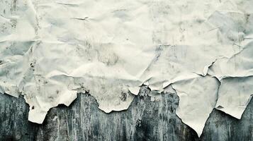 Distressed white paper peeling from a weathered gray surface. The peeling layers create a textured and aged visual effect. photo