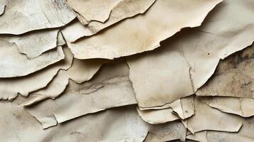 Layers of aged and weathered paper, creating a textured and abstract composition. The papers have rough edges and varying hues. photo
