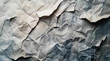 Wrinkled paper, showing a textured and distressed surface with multiple folds, creases, and a blend of light and dark tonal variations. photo